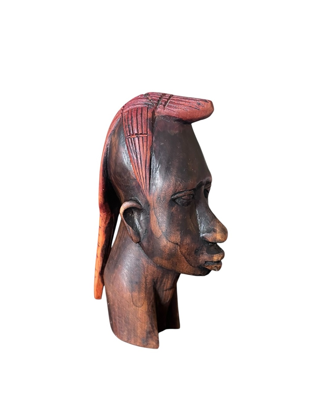 African Hand-Carved Wooden African Bust Sculpture - Brown with Red Accents